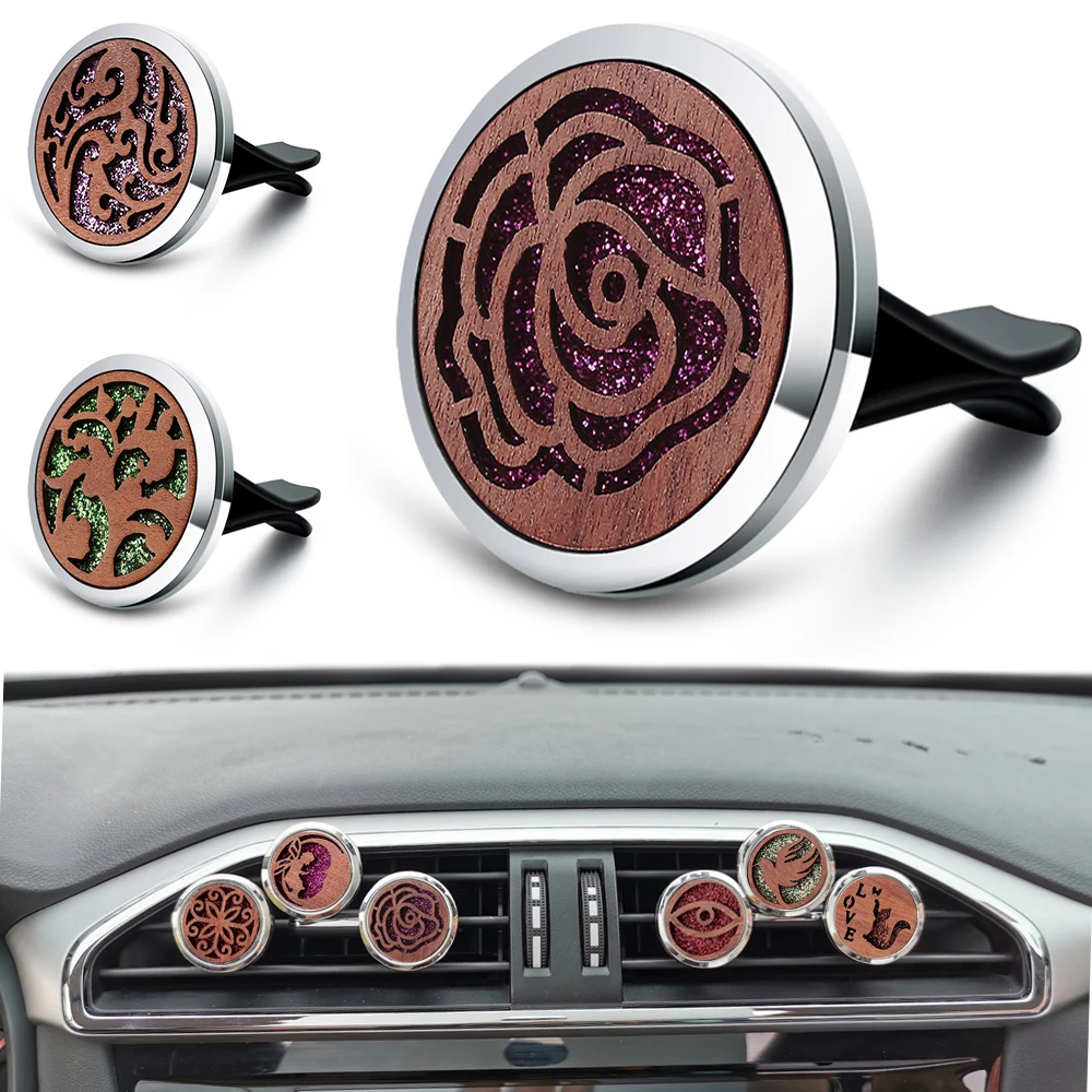 

2021 Car Air Freshener Perfume Locket Retro Rose Flower Style Timber Car Air Purify Aromatherapy Diffuser Clip Pendant Jewelry