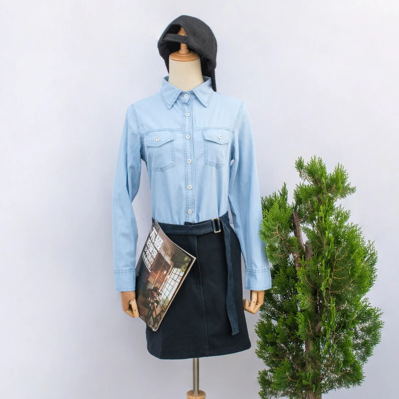 Женская рубашка с длинным рукавом Повседневная синяя джинсовая карманами весна