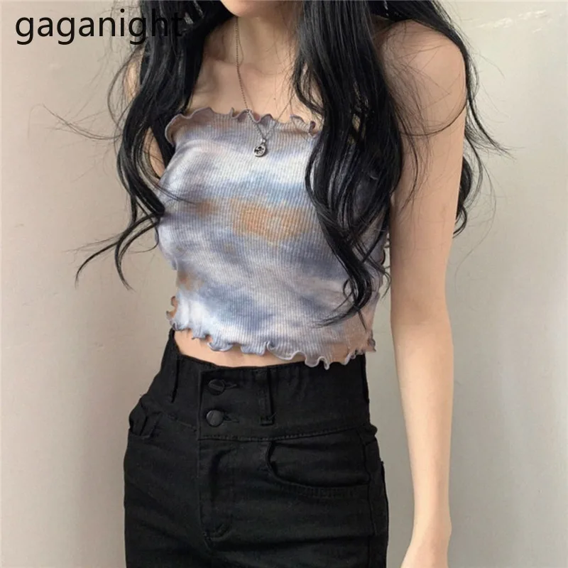 Gaganight Women Two Pieces Set Tie Dye Short Sexy Knitted Stretchy Lady Strapless Tube Tops Cardigan Spring Autumn Chic Korean | Женская