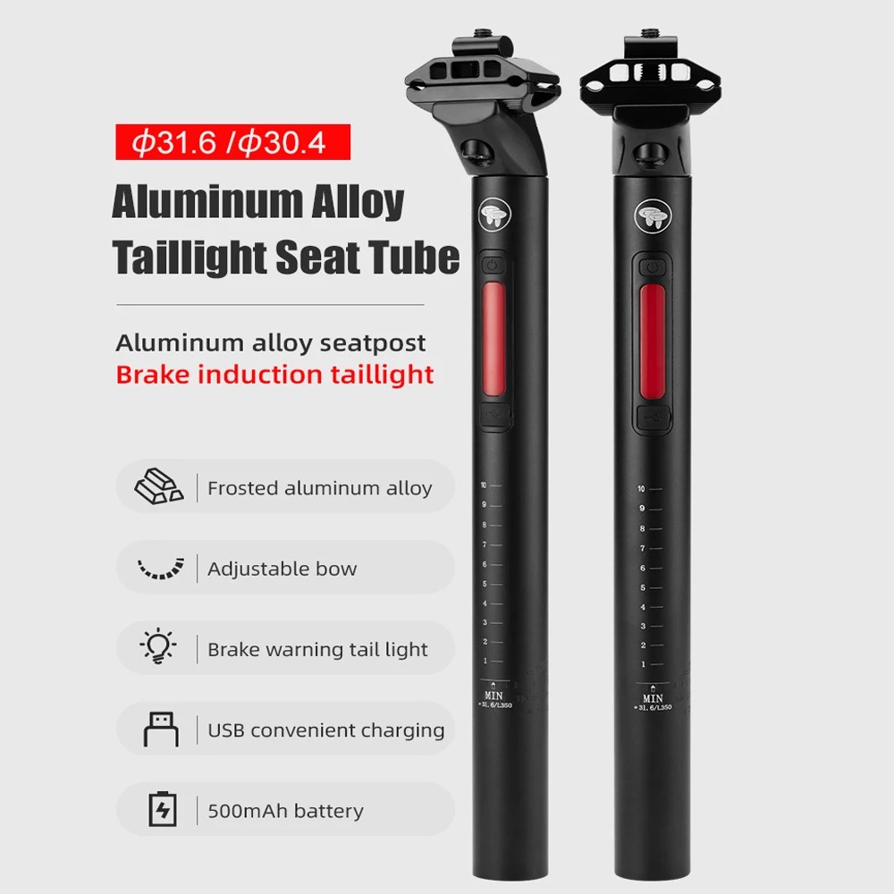

30.4/31.6mm Bicycle Taillight Seatpost Tube Aluminum MTB Bike Seat Tube with USB Charging Brake Induction Lights 500mAh Battery