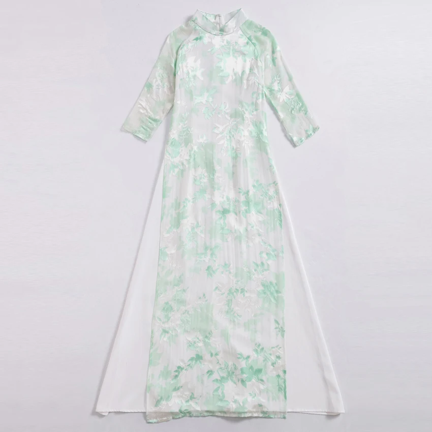 green dress Весеннее женское винтажное Цветочное платье с коротким рукавом китайское Ципао Чонсам вьетнамское Ао Дай восточное платье для женщин - Цвет: green dress