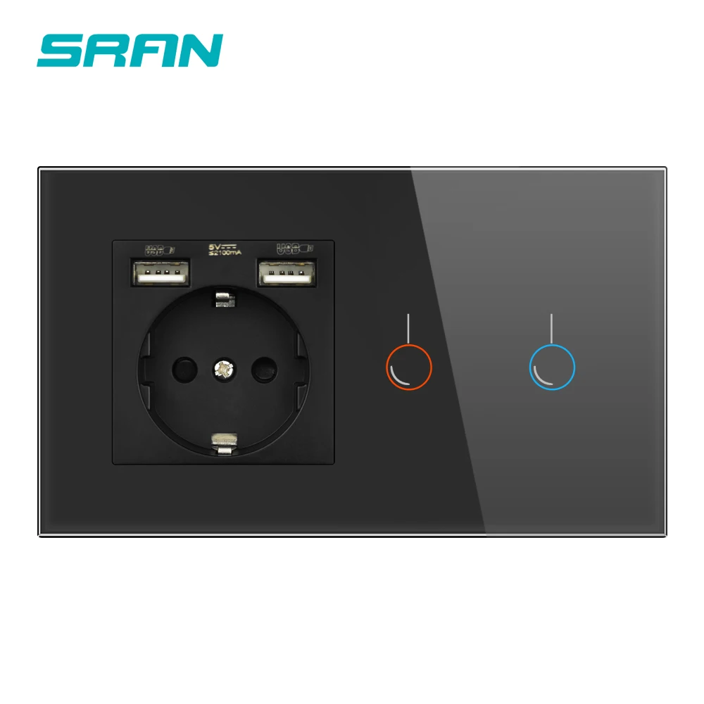 SRAN Сенсорный выключатель с розеткой с USB-панелью из хрусталя 146* 86 220 В 16A EU enchufe 2,1 А 5 В USB-телефон электрическая розетка с выключателем 1/2/3-канальная розетка Россия - Цвет: 2gang black