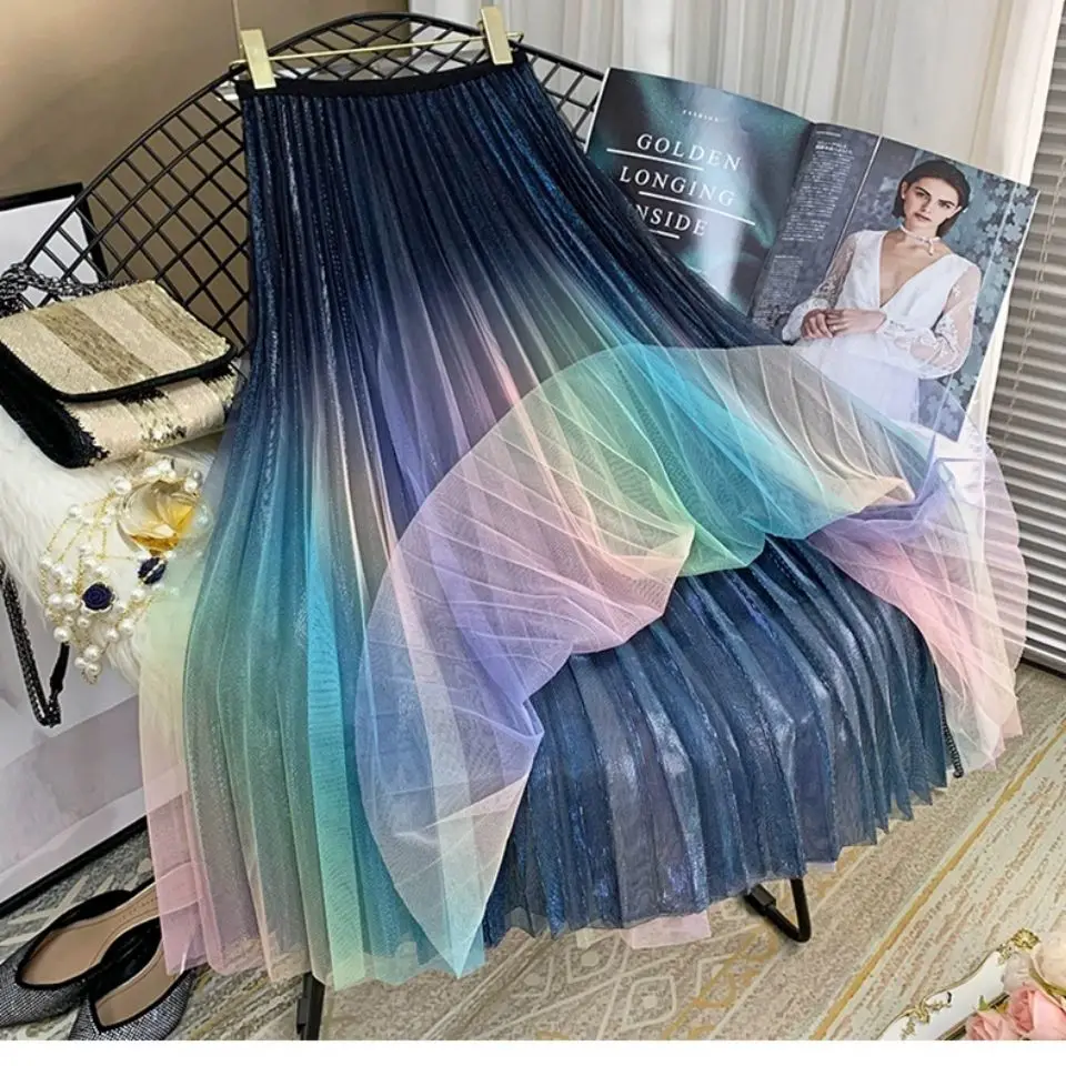Женская плиссированная юбка-трапеция элегантная Радужная сетчатая юбка с