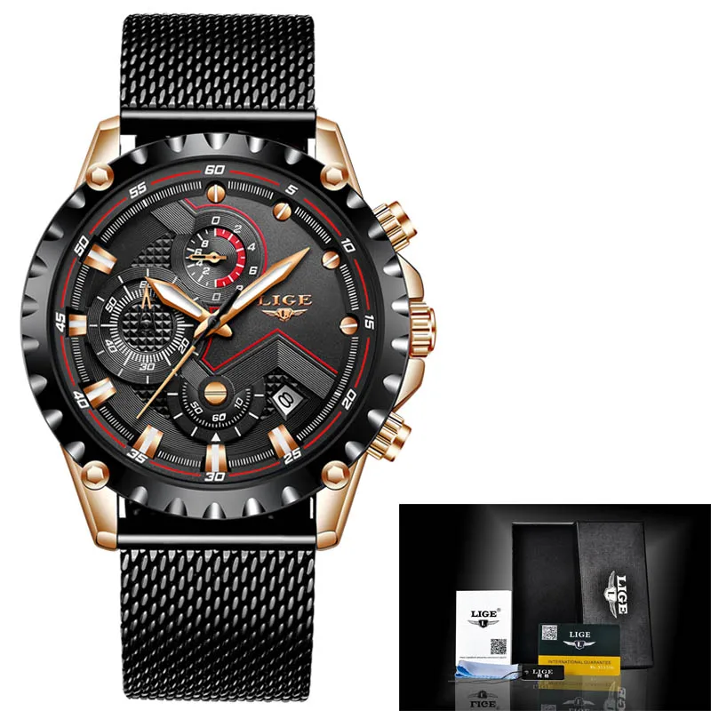Rose gold black LIGE, новинка, мужские часы, модные, Топ бренд, Роскошные, нержавеющая сталь, синие, кварцевые часы, мужские, повседневные, спортивные, водонепроницаемые часы, Relogio - Цвет: Rose gold black