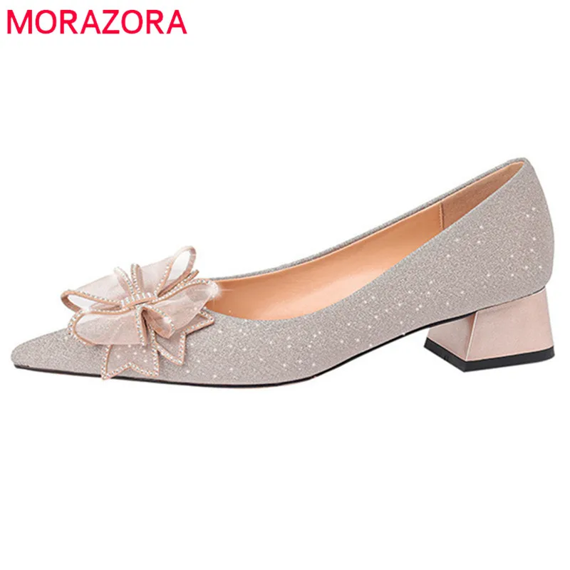 

MORAZORA 2022 New Arrive Square Heels Casual Party Wedding Shoes Women Pumps Sequins Bowknot Pointed Toe Single Shoes Woman