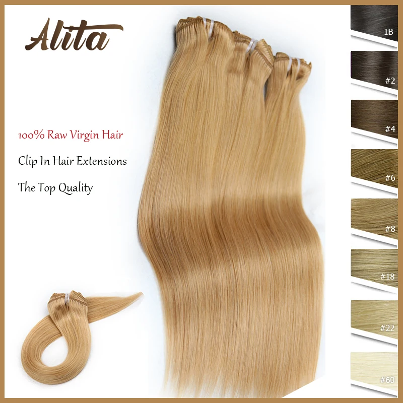 Clip In Hair Extensions Raw Virgin Straight Human Hair Double Weft Full Head Clip Ins Extensions  Natural Color  7pcs/Set
