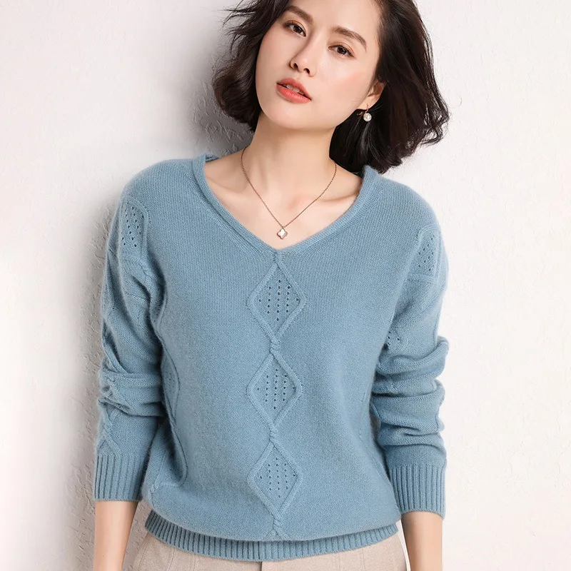 

women's blue v neck cashmere sweaters pullover long sleeve plus size Female casual knitwear 2020 Autumn Winter high quality