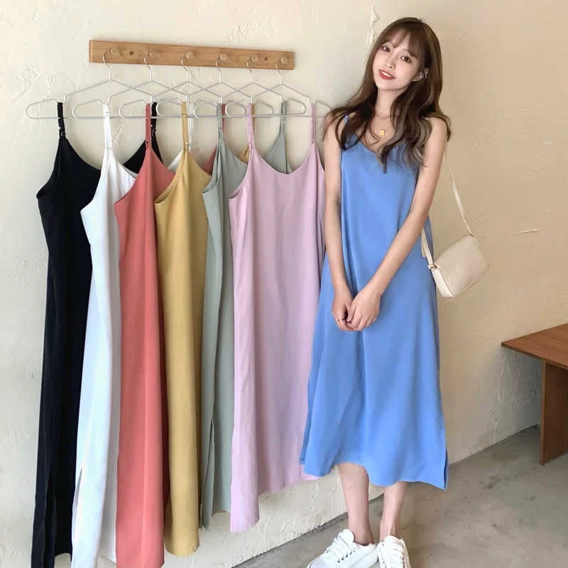 

Women's Spaghetti Strap A Line Dress Chic Summer Casual Solid Color Dresses Sleeveless Beach Boho Mid-calf Dress Vestidos Mujer