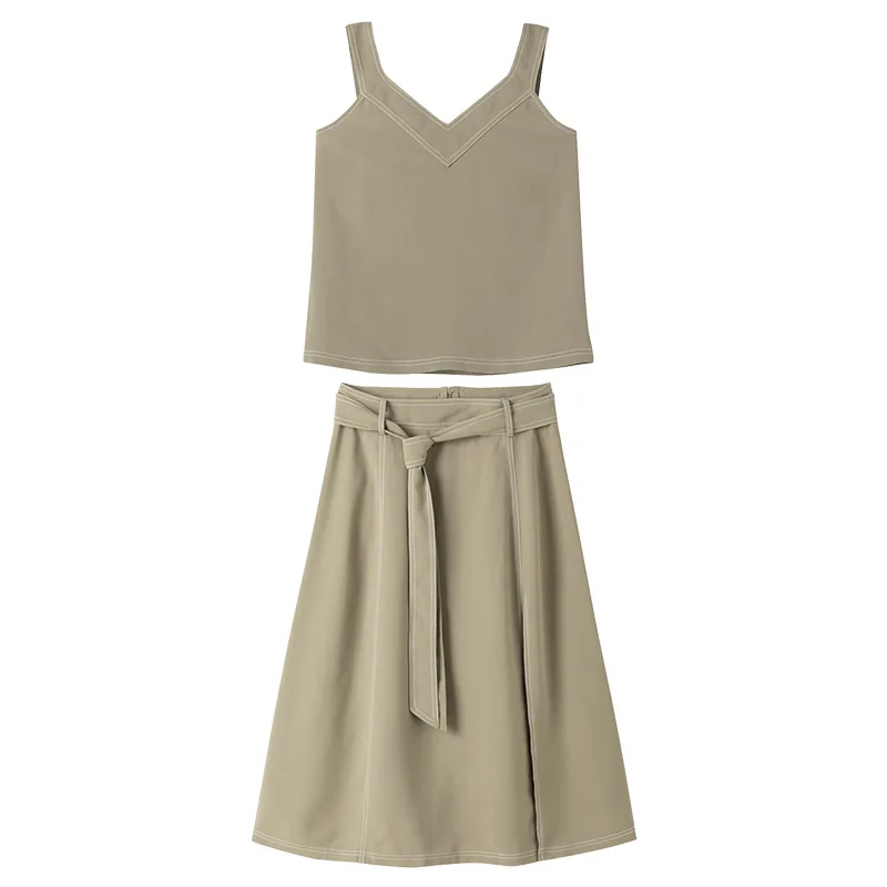 Женский офисный костюм без рукавов с поясом средней длины|Спортивные костюмы| |