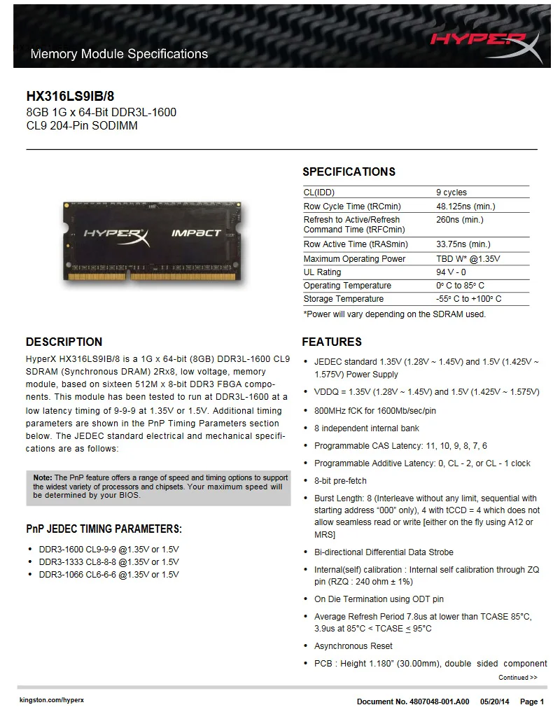Оперативная память kingston HyperX Impact DDR3 DDR3L 4 ГБ 8 ГБ 1600 МГц CL9 SODIMM 1,35 в память для ноутбука HX316LS9IB/8 черный