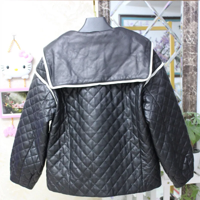 Winter Korean Style Women's High Quality Sheepskin Genuine Leather Peter Pan Collar Jackets Coat C740