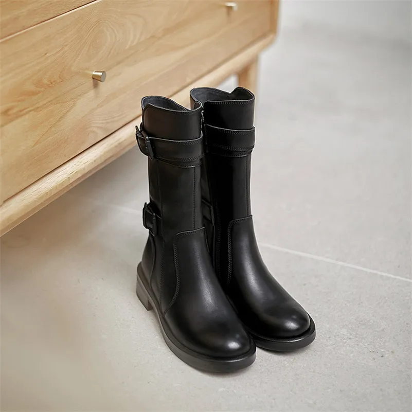 

ANNYMOLI Real Leather Mid Heel Fashion Boots Women Mid Calf Boots Shoes Zipper Buckle Chunky Heels Boots Ladies Autumn Winter 42
