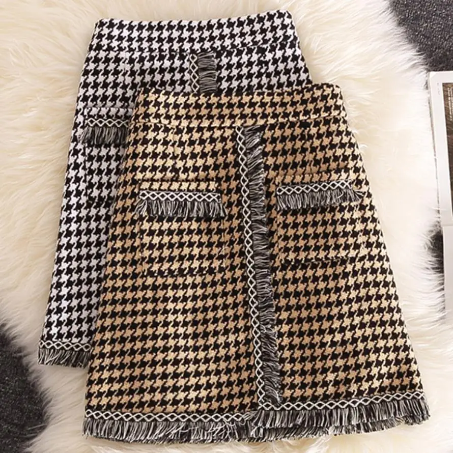 Осенне-зимняя Клетчатая Шерстяная Юбка Женская твидовая мини-юбка с бахромой из