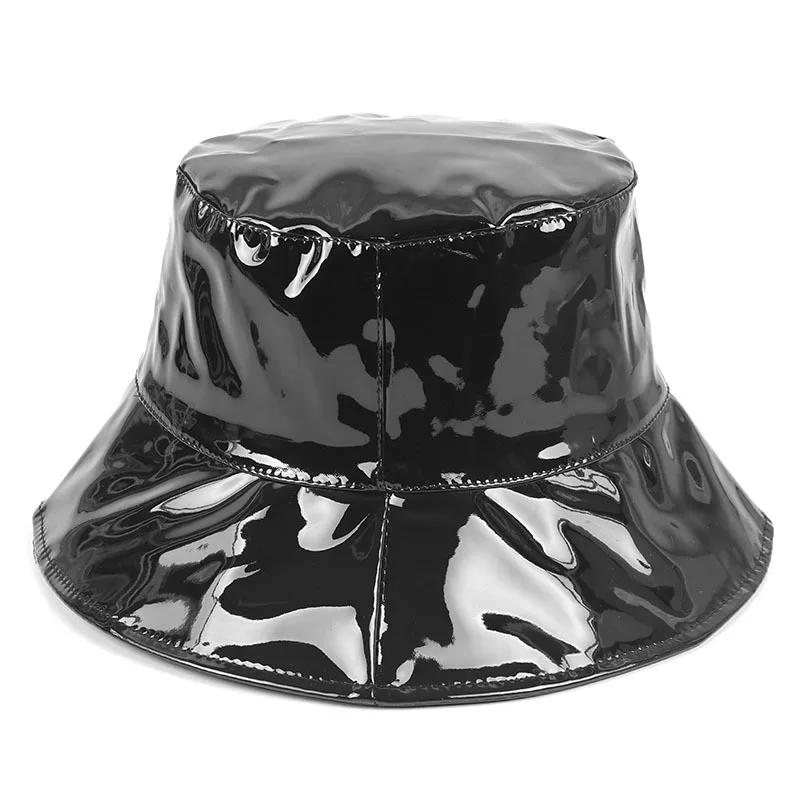 

2021 New Faux Leather Bucket Hats Glossy Pu Solid Sun Hat Men's and Women's Fashion Bob Fishing Cap Panama Unisex Fisherman Hat