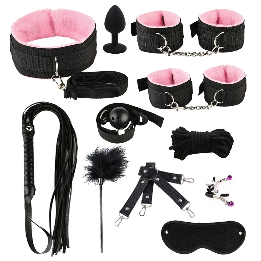 

11Pcs/26Pcs set Sexy Lingerie Nylon Plush Bdsm Bondage Sex Handcuffs Whip Rope Erotic Toy For Couple Silicone Anal Plug Red