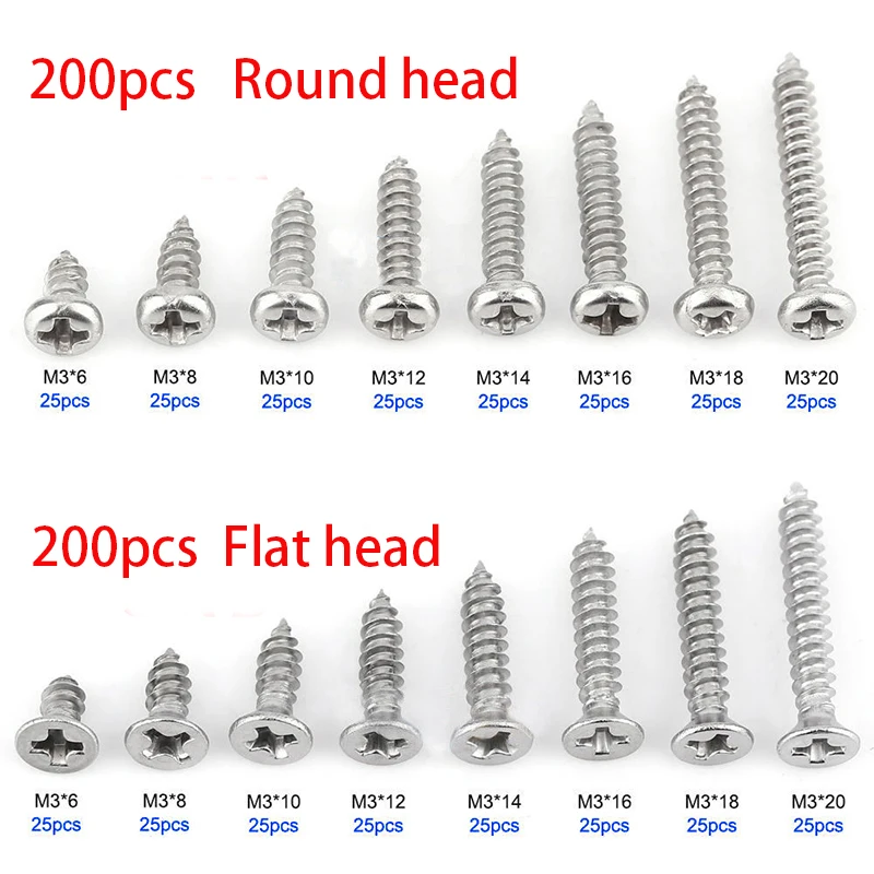 

Набор винтов M3 из нержавеющей стали с плоской головкой, 200 шт., высокопрочные самонарезающие винты, набор в ассортименте для деревянной мебе...