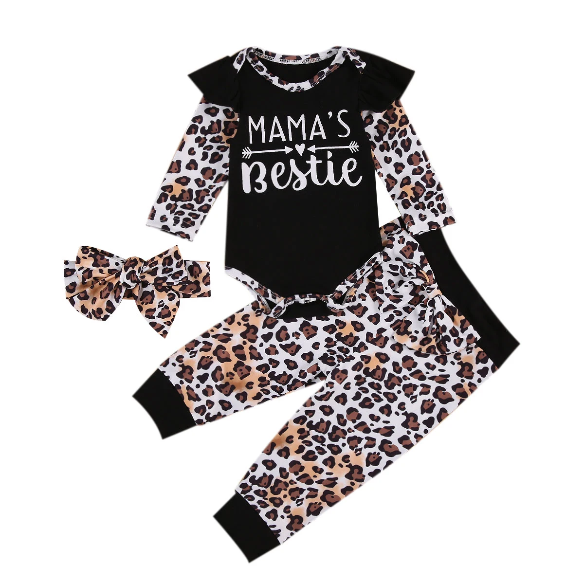 

Infant Leopard Romper+Trousers+Bow Hairband, Mama's Bestie Letter Print Spring Clothing