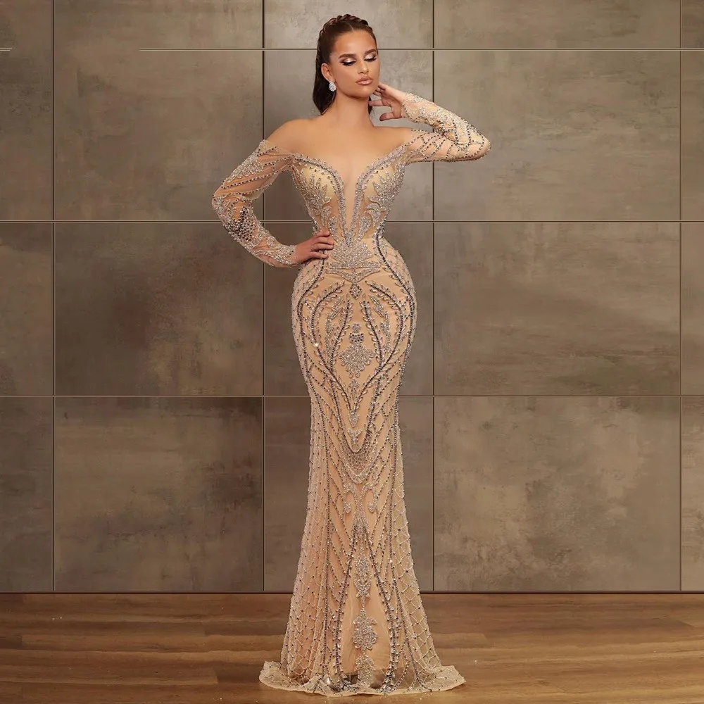 

Champagne Beaded Mermaid Prom Dresses Long Sleeve Off The Shoulder Dubai Glitter Robe De Soiree Arabic Evening Dress 2021 Women