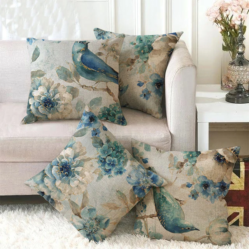 

Декоративный чехол для подушки с принтом птиц и цветов, хлопковый льняной чехол для подушки, наволочка для дивана, домашний декор, наволочка...