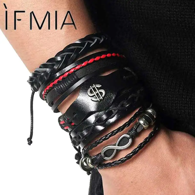 IFMIA модные несколько слоев кожаные браслеты для мужчин доллар Веревка Цепи талисманы кожаный браслет с бусинами для мужчин ювелирные изделия ручной работы