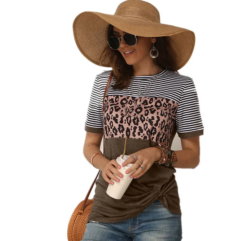 

2020 Women's Hot Sale Striped Leopard Print Short-Sleeve T-Shirt Top Summer Casual Cotton O-Neck Women's Tops Tee Female