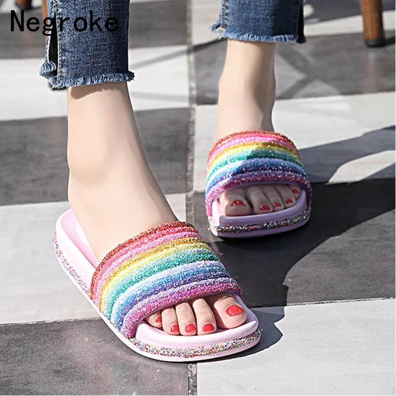 

Women Slippers Colourful Rainbow Beach Shoes Woman Platform Sandals Casual Flats Flip Flops Women Outside Summer Home Bath Shoes