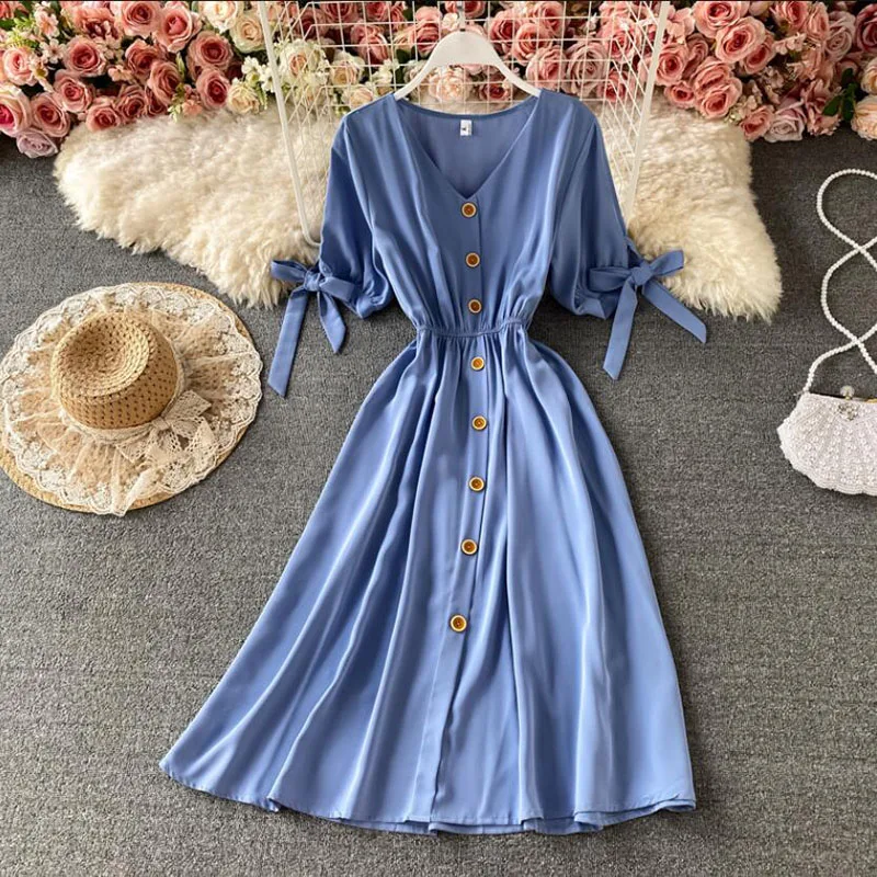 2021 V-cuello vestido de verano Vestido de manga corta Vintage rojo línea Mid-Calf playa Bohemia mujeres vestido Vestidos casuales