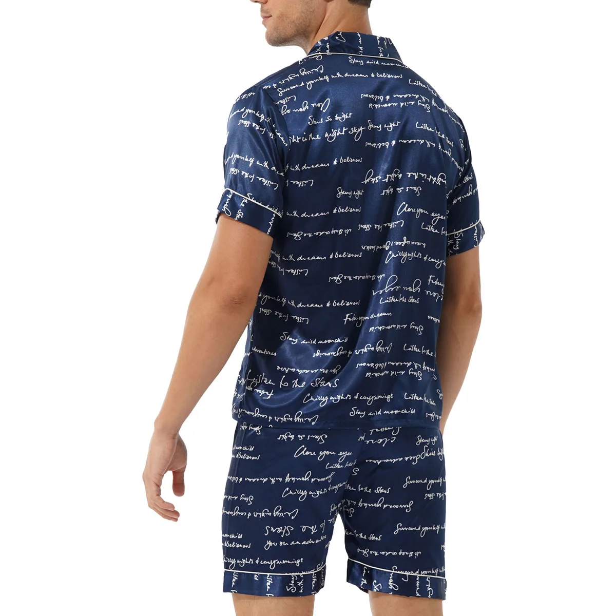 2Pcs Men's Short Sleeve Satin Pajama Set with Shorts Turn-Down Collar Classic Sleepwear Loungewear