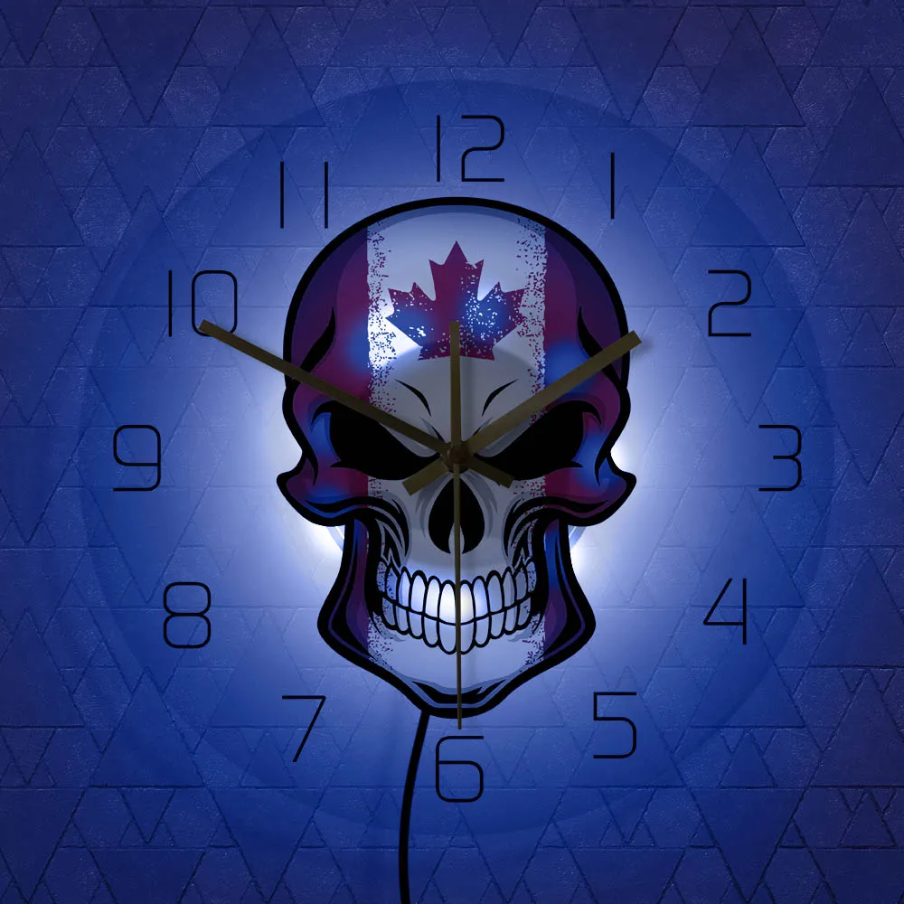 

Skull Painted in CA Flag Canada Skull Wall Art Clock Light Canadian Flag Military Skull Wall Decor Silent Acrylic LED Wall Clock
