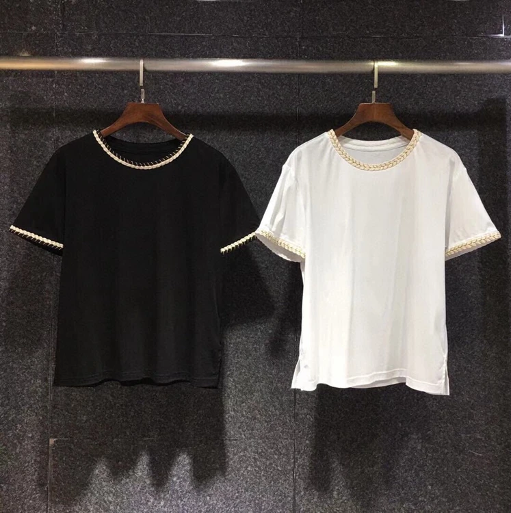 

2021 new women fashion cuffs color matching woven trim short-sleeved all-match T-shirt top 506