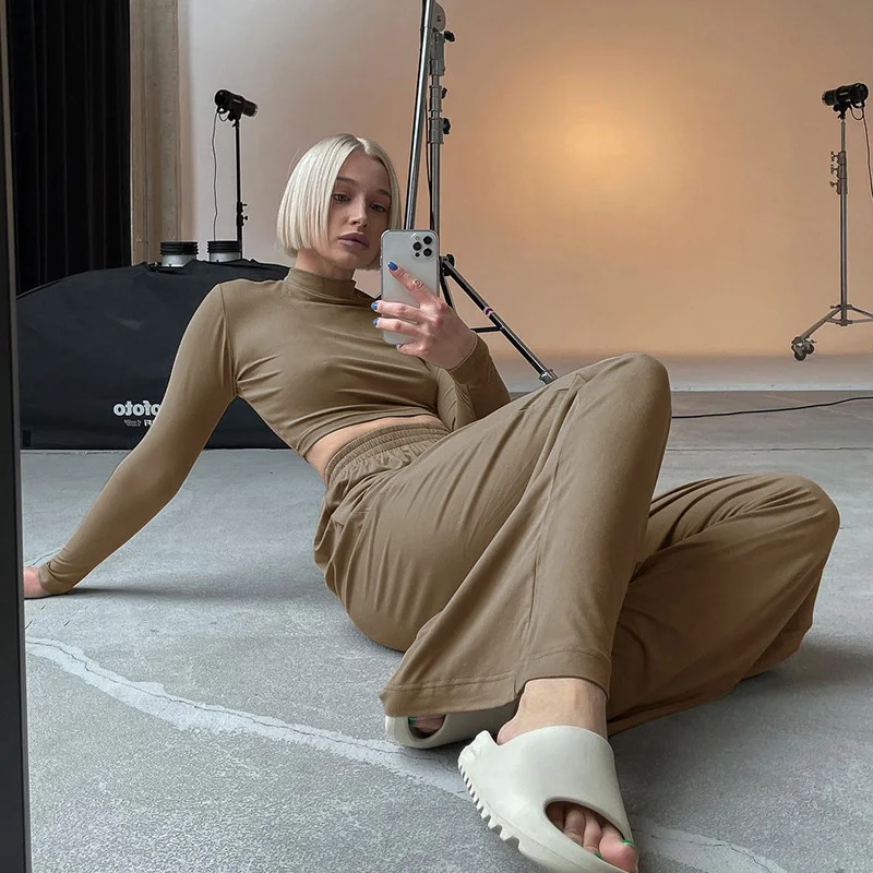 instahot wide leg pant women two piece set long sleeve solid autumn casual outfit matching set casual homewear 2021 crop top set free global shipping