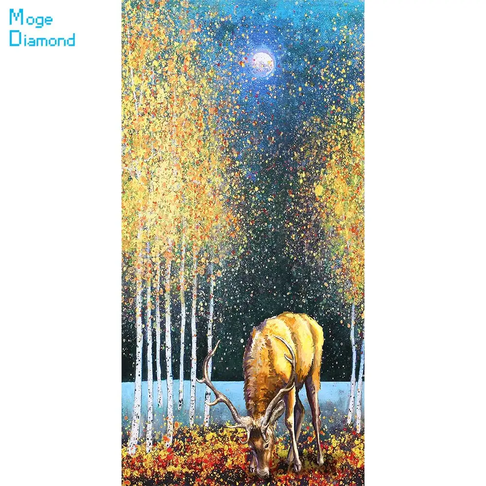 

Night Forest Golden Wood Deer Diamond Painting Round Full Drill Scenic Animal DIY Needlework Mosaic Embroidery 5D Cross Stitch