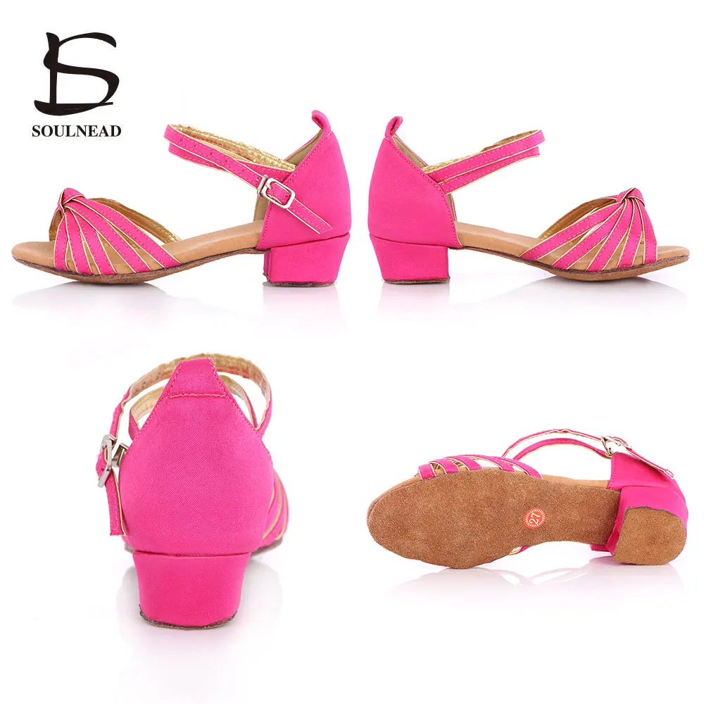 

Rose Gold Kids Salsa Latin Dance Shoes Knot Satin Girls Tango Samba Dance Shoes Woman 3cm Low-heeled Ballroom Performance Shoes