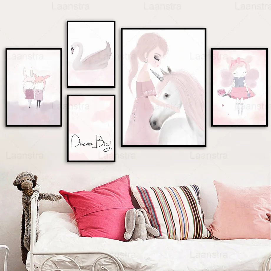 

Pink Girl and Unicorn Give Me a Dream Decorative Painting Canvas Painting Children's Room Living Room Wall Decoration Poster