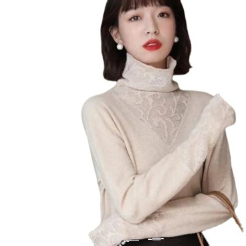 

Fall2021New Ladies Knit Base Slim-fit Inner Sweater Ladies Chic Lace Stitching Skin-friendly Jacquard Pullover Harajuku Sweater
