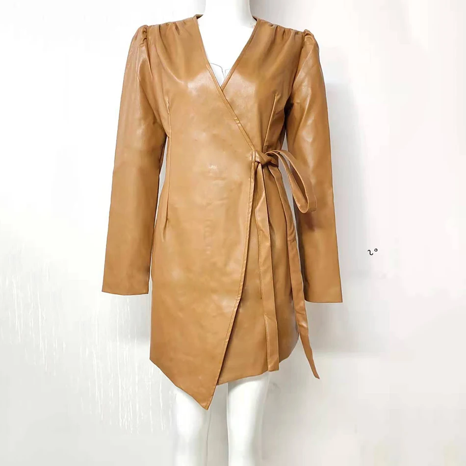 Платье женское из искусственной кожи с V-образным вырезом на шнуровке Осень-зима