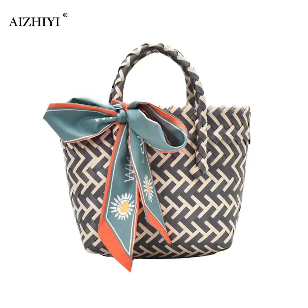 

Women Straw Woven Handbags with Ribbon Beach Travel Handmade Small Totes