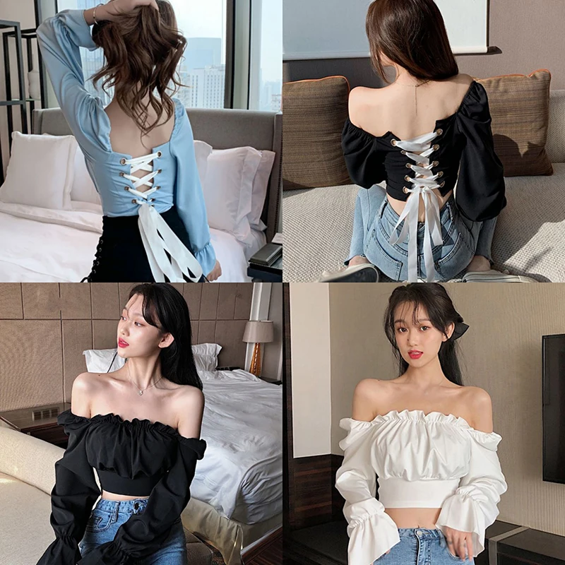 

Women's Tops Solid Slash Neck Sexy Blouses Bandage Navel Bare Shoulders Long Sleeve Shirt Korean All-Match Hot Sale Saco