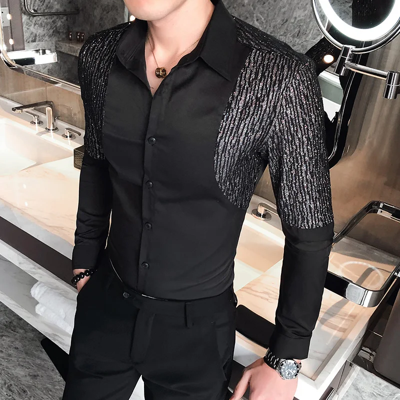 

Мужская блестящая рубашка, серебристая рубашка в стиле пэчворк, модная мужская деловая Облегающая рубашка для ночного клуба вечерние ринки