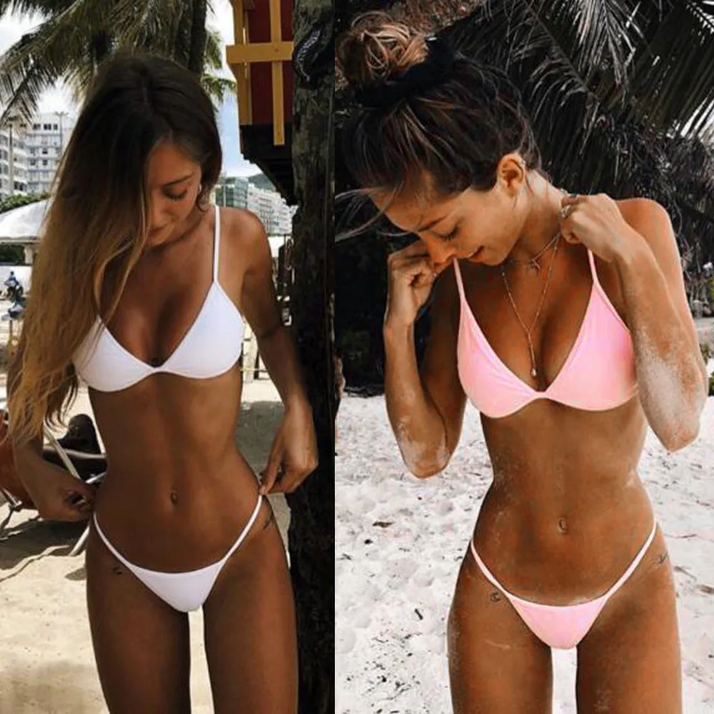 

Sexy Bikini Set G-string Two Piece Swimsuit 2021 New Pink White Swimwear Bandage Strap Bodysuit Bathing Suit Bikini Swimsuit