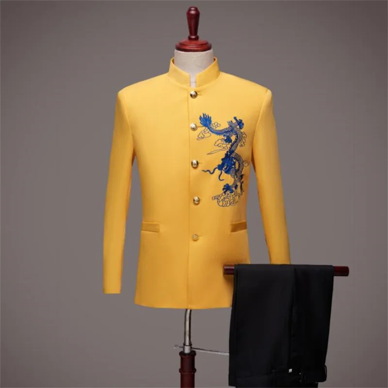 Blazer men groom suit set with pants mens ternos slim masculinos costume singer star style stage clothing formal dress yellow