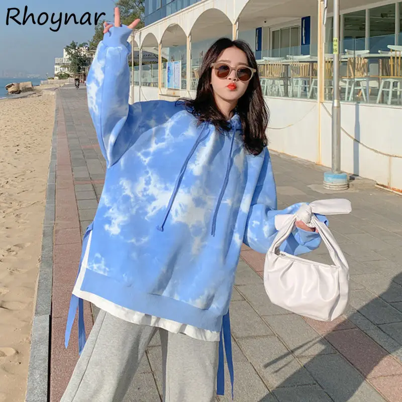 

Hoodies Women Tie Dye Side-slit Fake Two Pieces Harajuku Hooded Fashion Leisure All-match Fall Thicken Drop Sleeve Female Ins