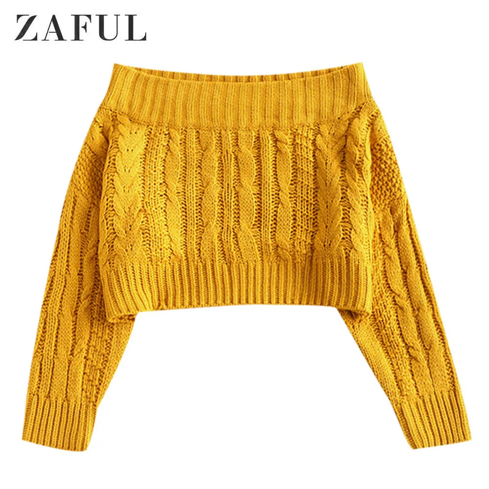 ZAFUL с открытыми плечами толстый вязаный свитер джемпер вязаный с длинным рукавом Короткие пуловеры Топы укороченный свитер - Цвет: Bright Yellow