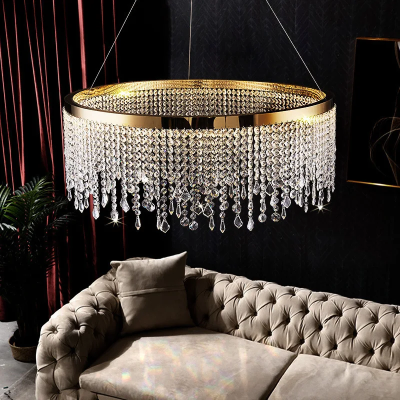 

Post Modern Polish Gold Steel Led Dimmable Pendant Lights Lustre K9 Crystal Pendant Lamp Foyer Luxury Deco Lighting Fixtures