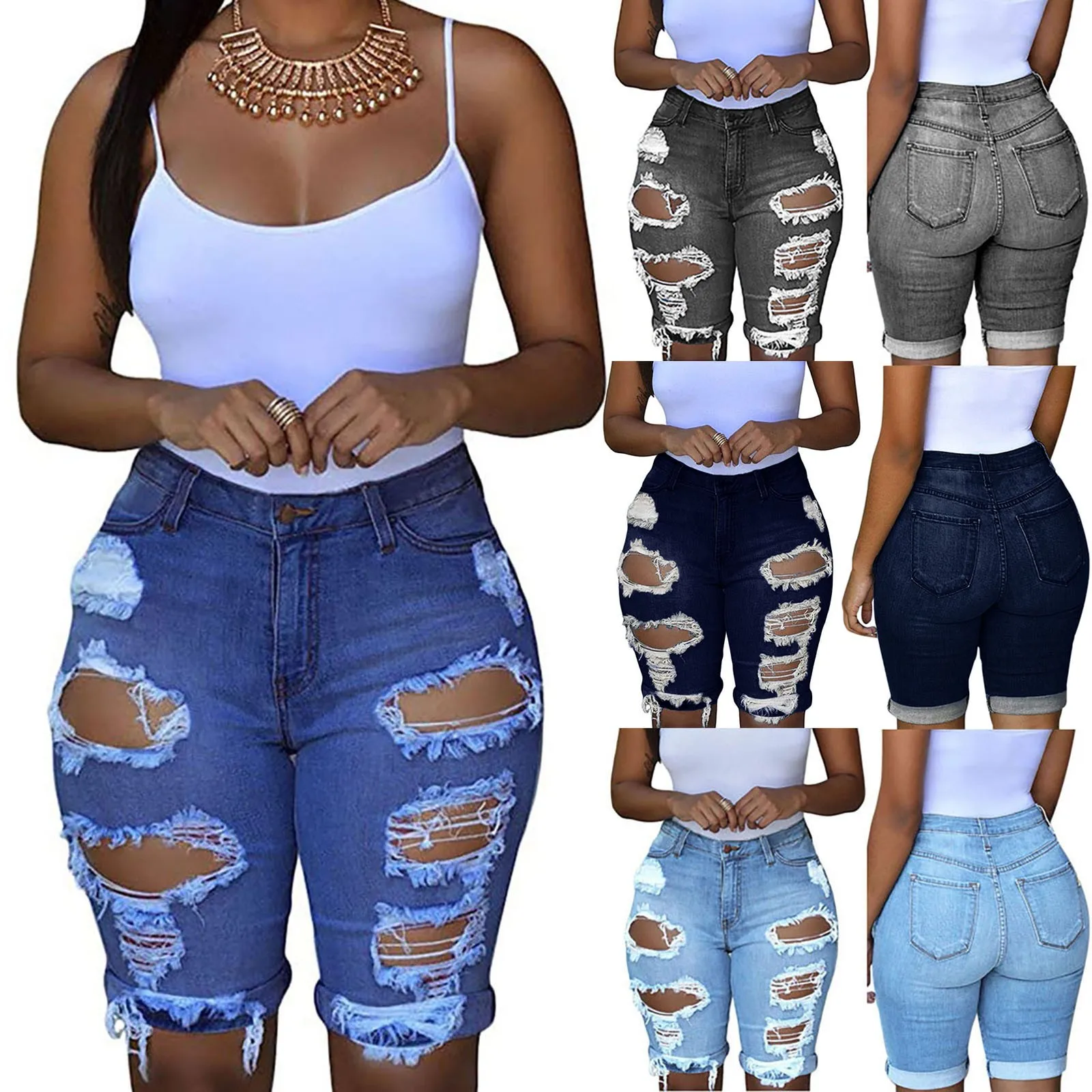 

Women Elastic Destroyed Hole Leggings Short Denim Shorts Ripped Jeans Short Denim Shorts Zipper Plus Size Jeans Blue