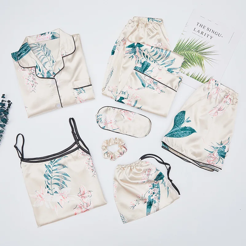 7 Pieces Set Ice Silk Pajamas Woman Printing Fashion Long Sleeve Nightdress Shorts Trousers Pijama | Женская одежда