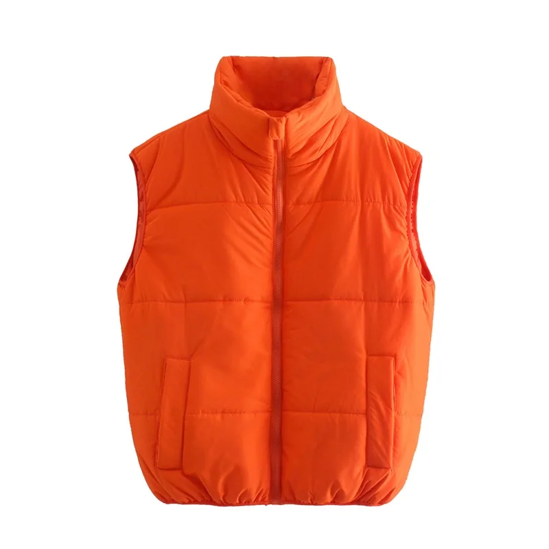 

MESTTRAF Women 2021 Sexy Orange Stand Warm Vest Side Pocket Zipper Sleeveless Slim Casual High Street ​Winter Coat Vest