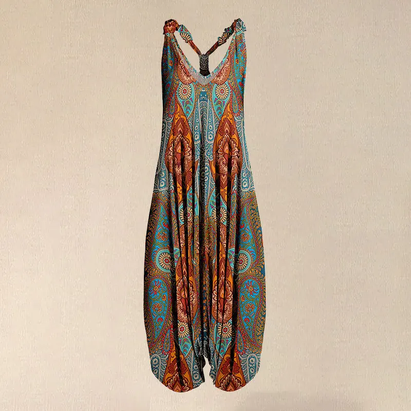 

2021 Summer V Neck Abstract Art Racerback Harem Jumpsuit Spaghetti Fashion Vintage Overall Straps Long Jumpsuit Trousers