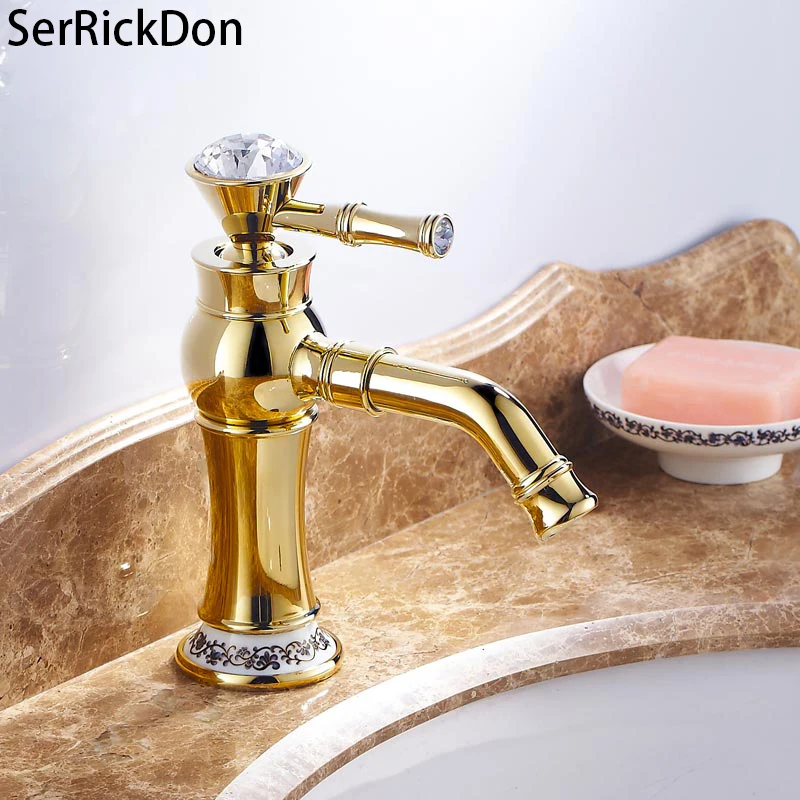 

Rose Golden Hot Cold Basin Faucet Ceramics Brass Bathroom Mixers Single Handle Crystal Handle Basin Tap Bathroom Faucet