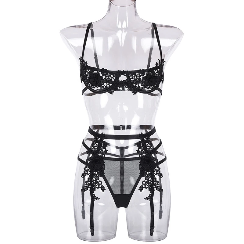 

Ellolace Sexy Lingerie Set Lace Hollow Out Bra and Panties with Waistband Black exotic clothes Lingerie sexy Exotic costumes